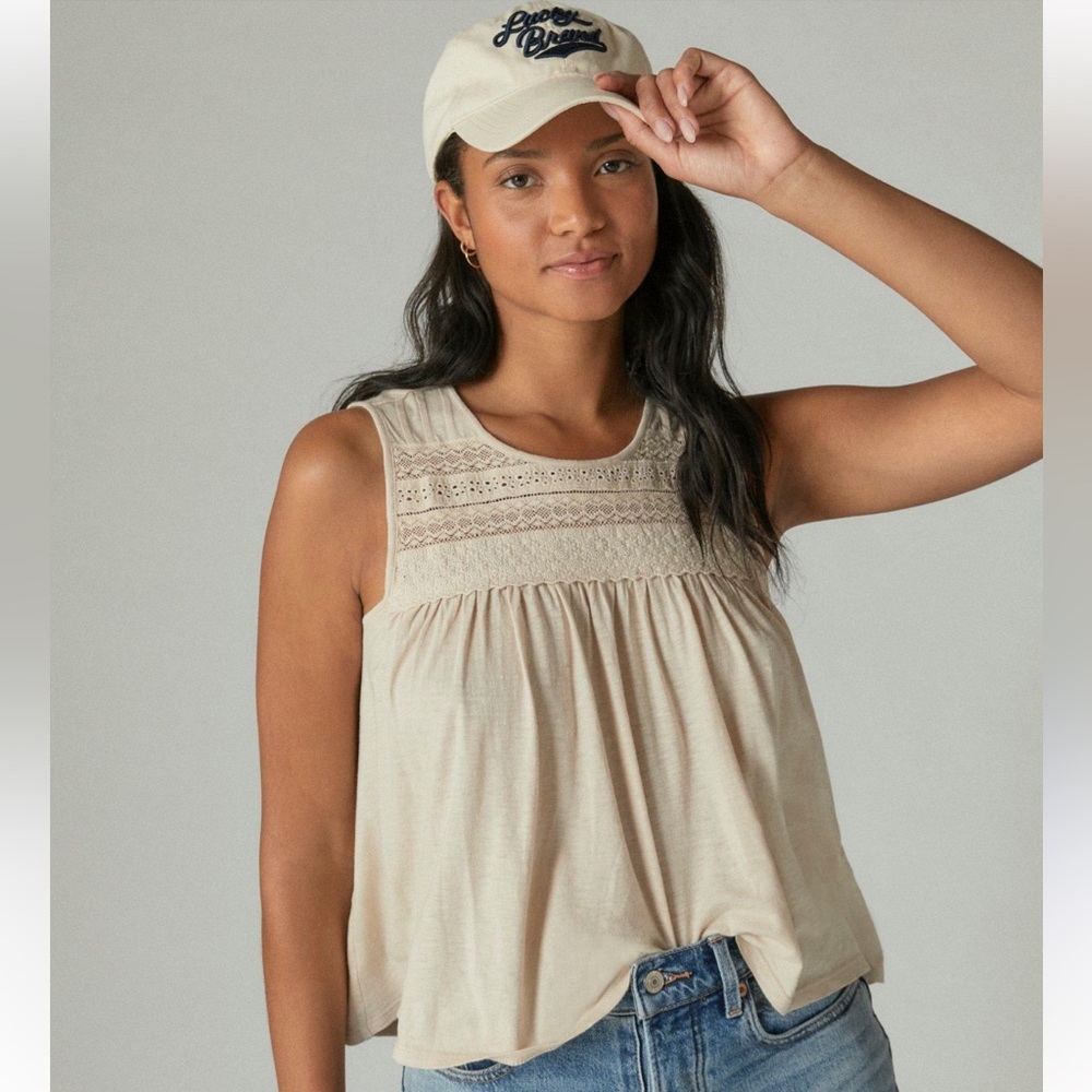 Lucky Brand Lace Trim Tank Top Boho Sleeveless Blouse Cream Beige Women’s XXL